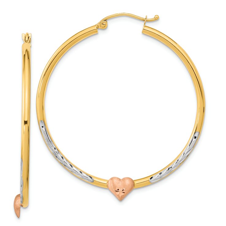 14k Tri-color Gold 1 3/4" Diamond-Cut and Brushed Heart Hoop Earrings