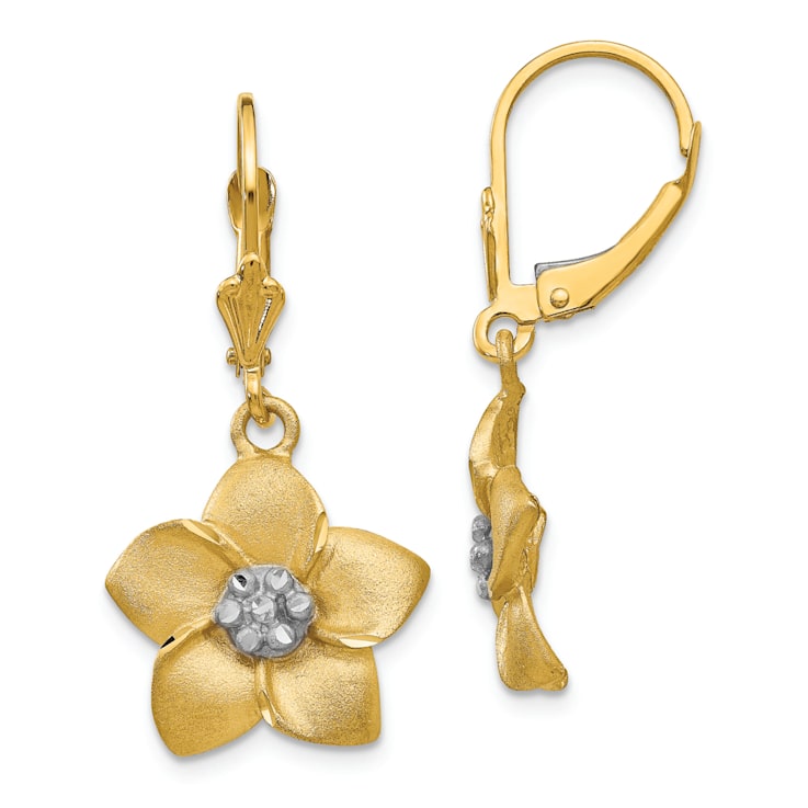 14k Yellow Gold and Rhodium Over 14k Yellow Gold Diamond-Cut and Satin
Plumeria Earrings