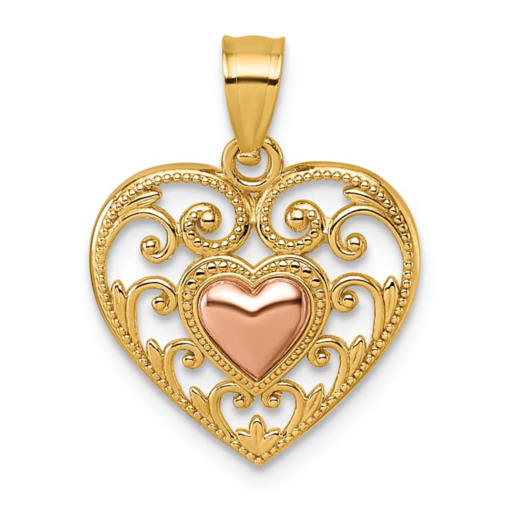 14K Yellow Gold With Rose Gold Accent Polished And Textured Fancy Heart
In Heart Pendant