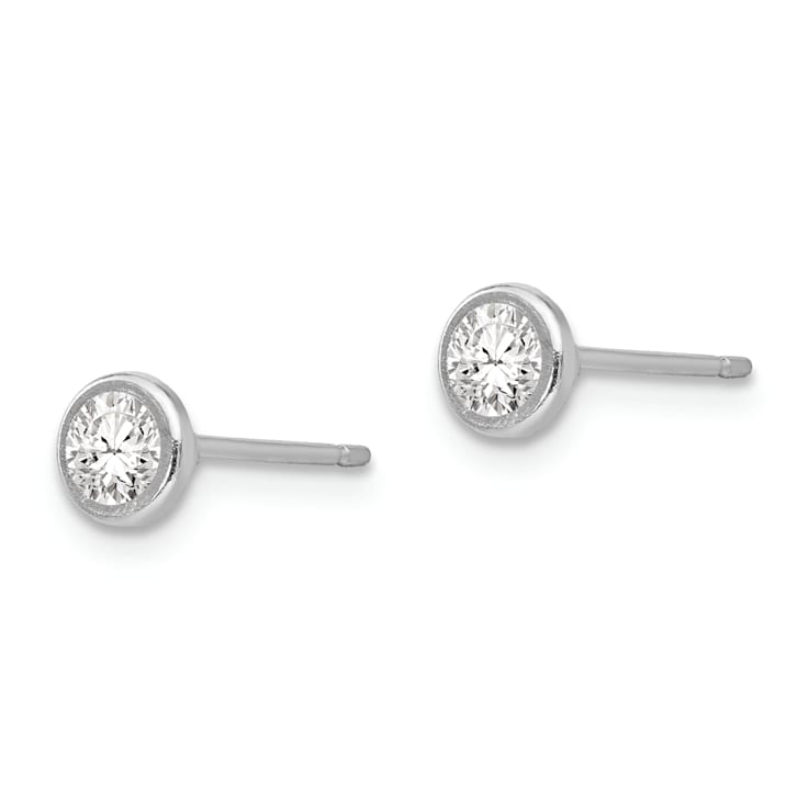 Rhodium Over 14K White Gold 4mm Bezel Set Cubic Zirconia Post Earrings