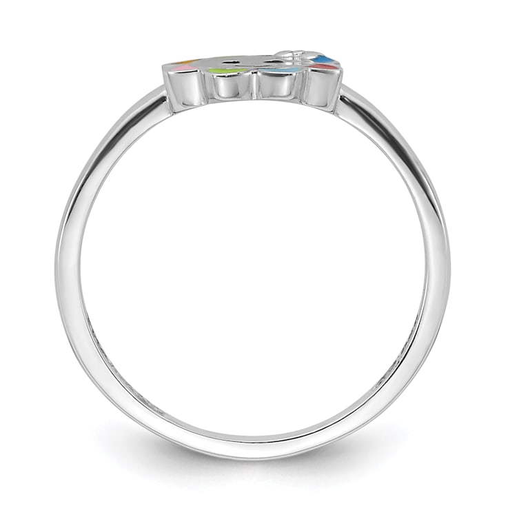 Rhodium Over Sterling Silver Multi-color Enameled Smiling Sun Children's Ring