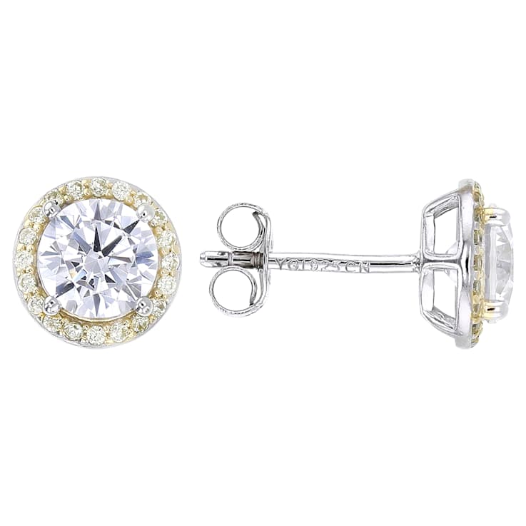 Yellow and White CZ Halo Stud Earrings In Yellow Gold and Sterling Silver