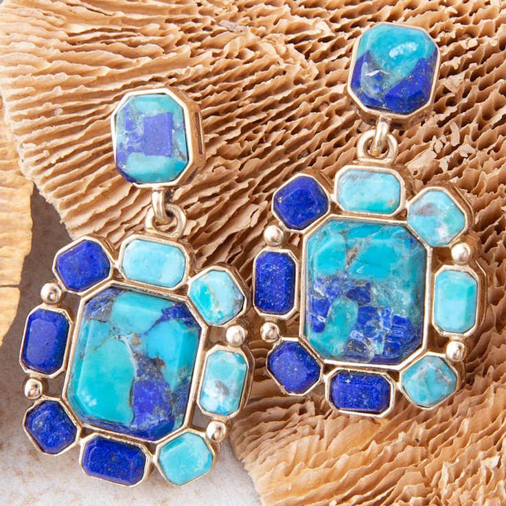 Barse Jewelry Blue Lapis Lazuli and Composite  Turquoise Gold Tone
Duality Earrings