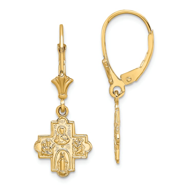 14k Yellow Gold Textured Small 4-Way Medal Cross Dangle Earrings