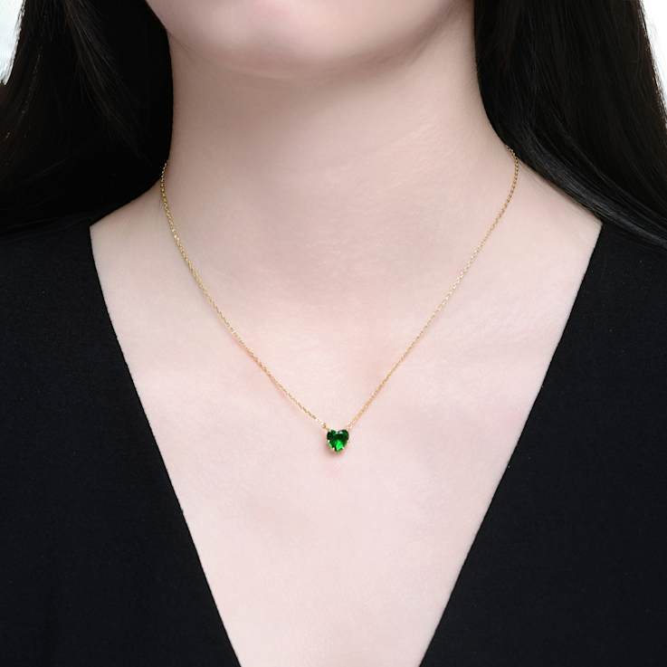 Emerald Color CZ Heart Shape Solitaire Necklace In 14K Gold Over Brass