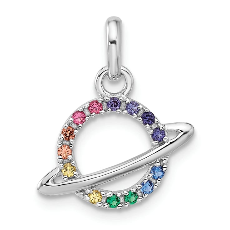 Rhodium Over Sterling Silver Multi-color Crystal Planet Children's Pendant