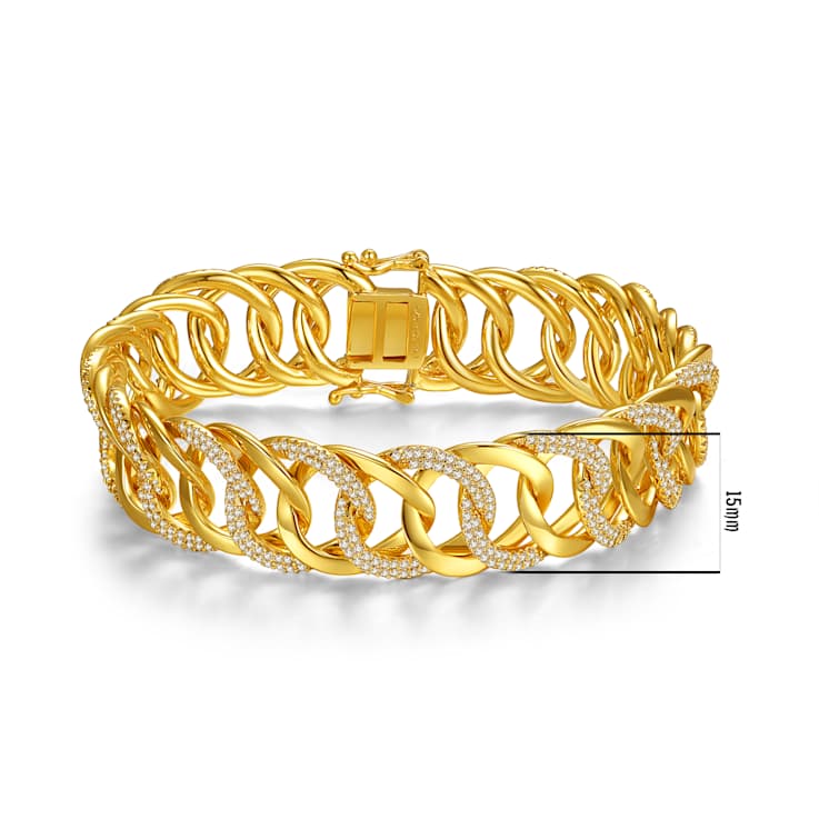 CZ Interlocking Slinky Link Chain Bracelet In 14K Gold Over Brass