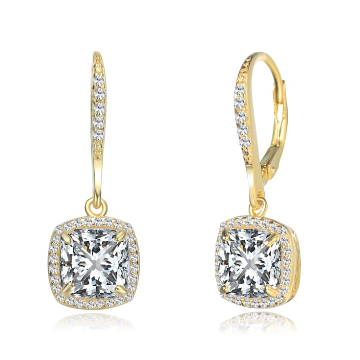 Square CZ Halo Drop Earrings In 14K Gold Over Sterling Silver