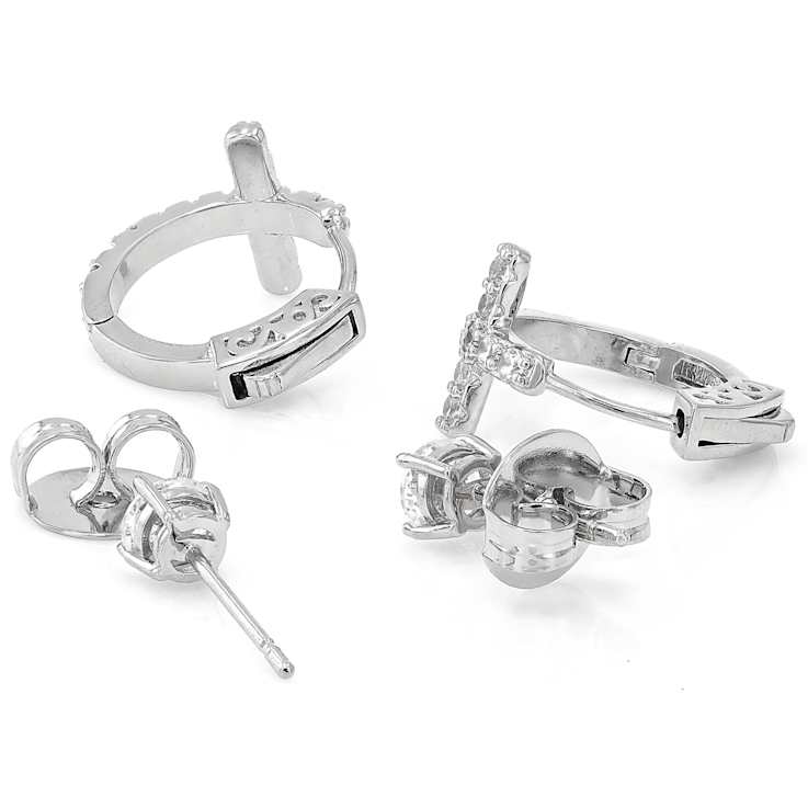 CZ Cross Huggie And Stud Earring Set In Gold-Tone Brass