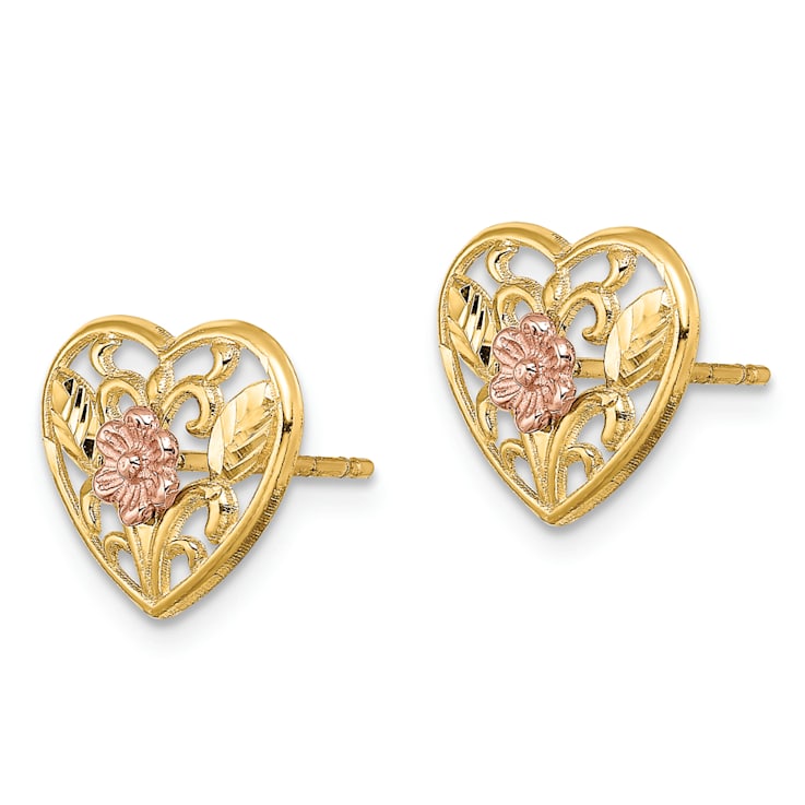 14K Yellow Gold and 14K Rose Gold Polished and Textured Floral in Heart
Stud Earrings