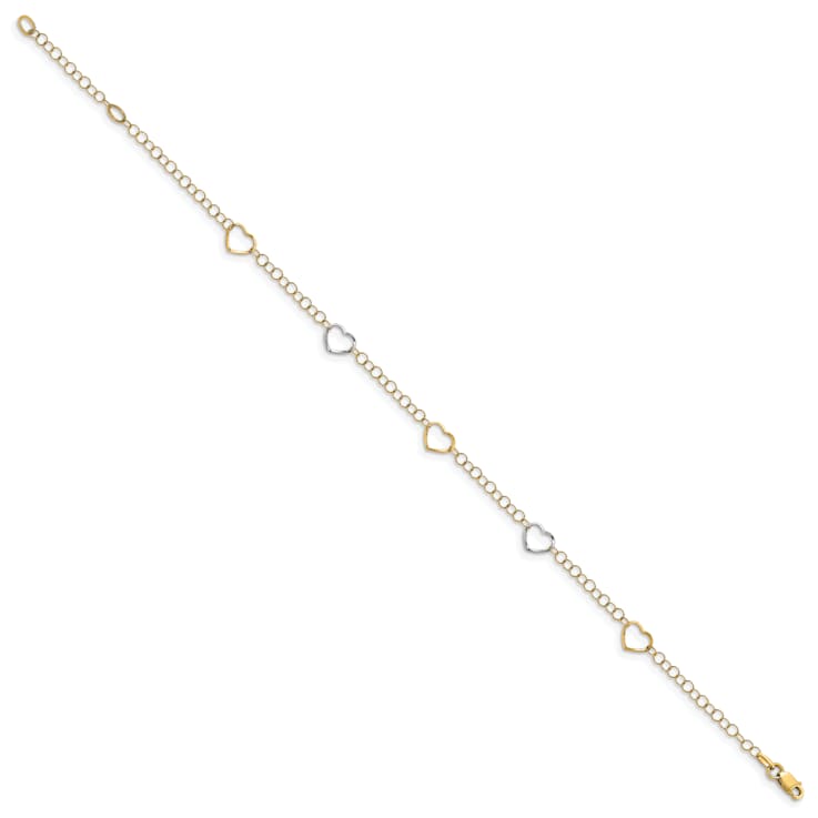14K Two-tone Polished Heart with 1-inch Extension Anklet