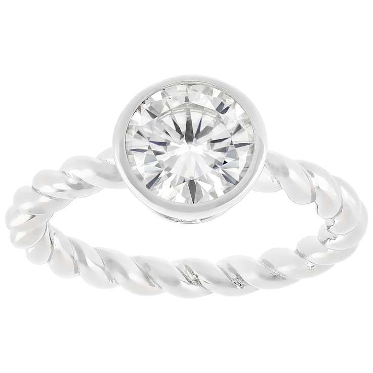 Bezel Set Moissanite Solitaire Ring With Rope Textured Band In
Platinum-Enhanced Sterling Silver