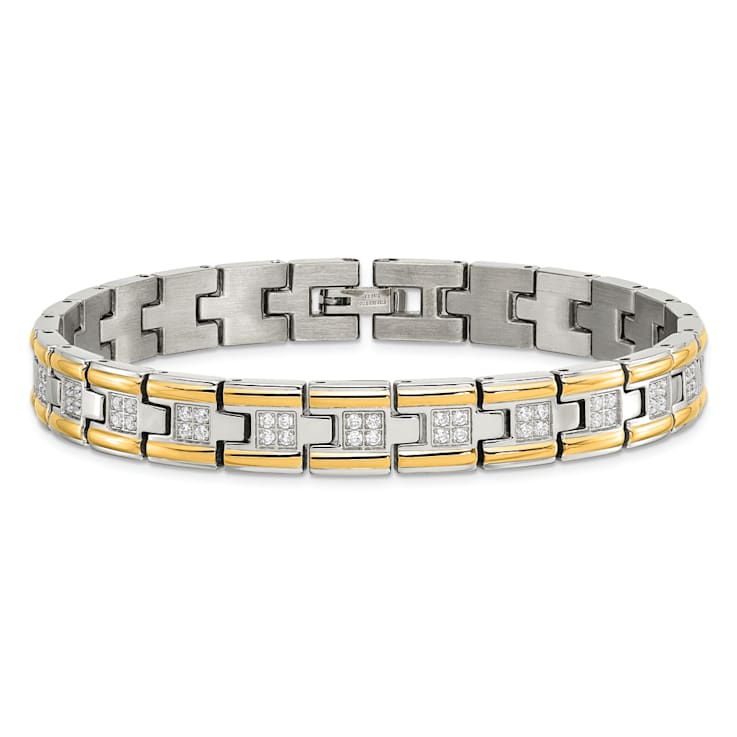 White Cubic Zirconia Stainless Steel Polished Yellow IP Plated Men's Bracelet