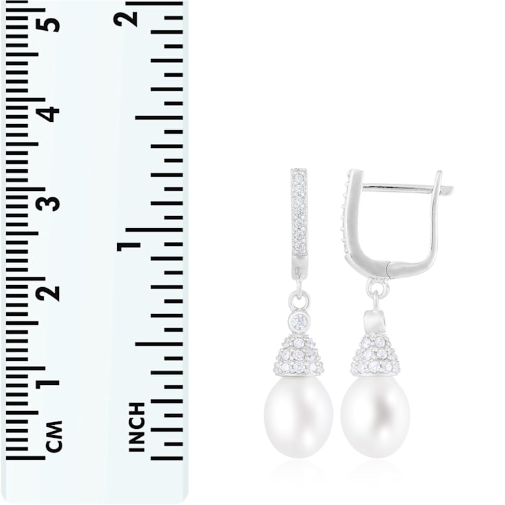 8.5-9mm White Cultured Freshwater Pearl and Cubic Zirconia Rhodium Over
Sterling Silver Earrings