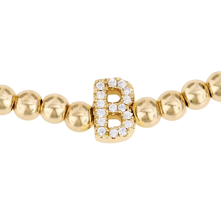 Initial B CZ Beaded Bracelet Set In 14K Gold Over Brass 0.16ctw