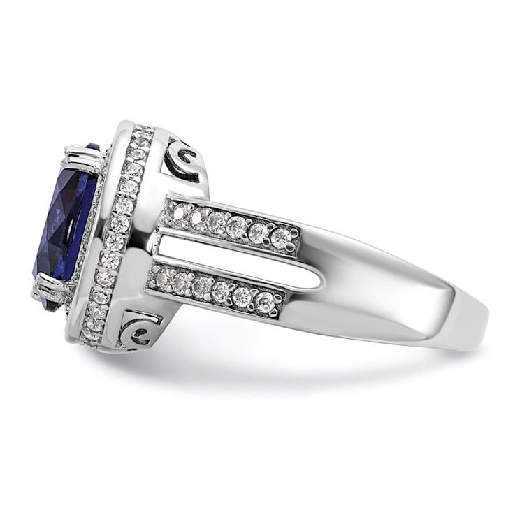 Rhodium Over Sterling Silver Polished Blue and White Cubic Zirconia Halo Ring