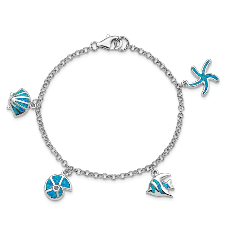 Rhodium Over Sterling Silver Lab Created Opal Fish and Shells Charm Bracelet