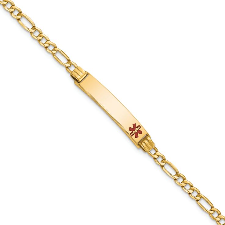 10k Yellow Gold Polished Medical Red Enamel Figaro Link ID Bracelet