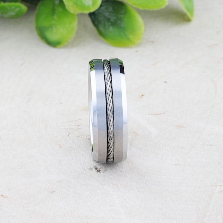 LANNISTER Men’s Tungsten Flat Wedding Band with Steel Wire Cable Inlay
and Beveled Edges 8mm