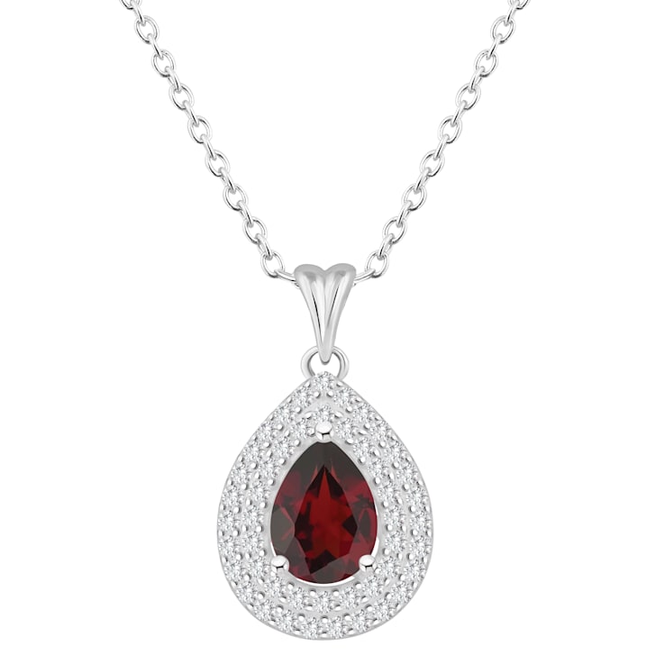 8x5mm Pear Shape Garnet And White Topaz Rhodium Over Sterling Silver
Double Halo Pendant w/Chain