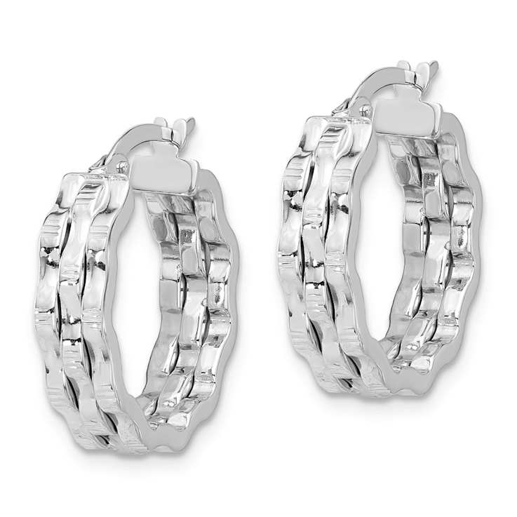 Rhodium Over 14k White Gold 13/16" Polished and Textured Hoop Earrings