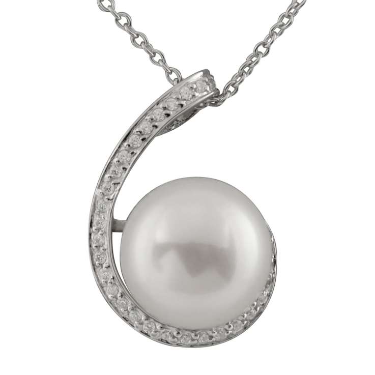 11-12mm Button White Cultured Freshwater Pearl and CZ Rhodium Over
Sterling Silver Pendant