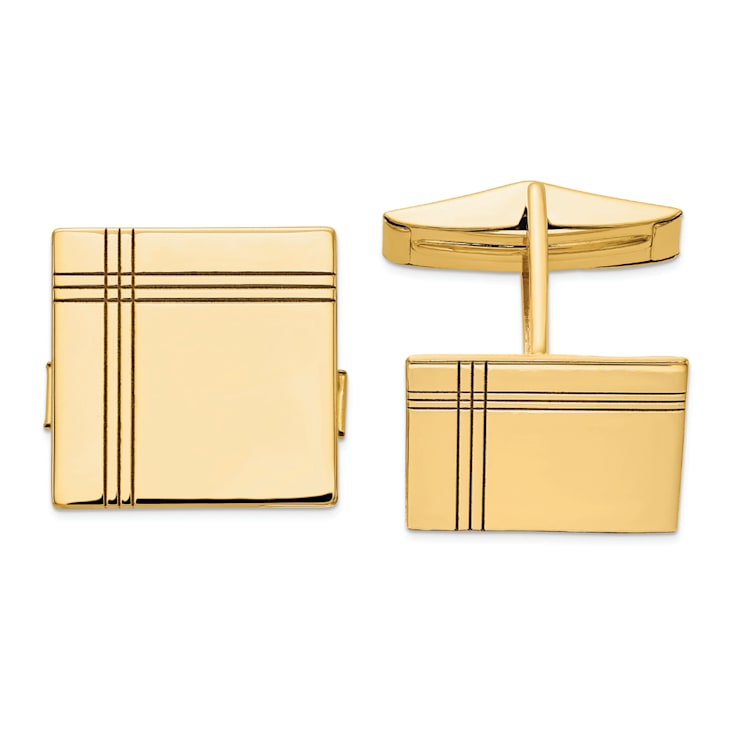 14K Yellow Gold Men's Square with Line Design Cuff Links