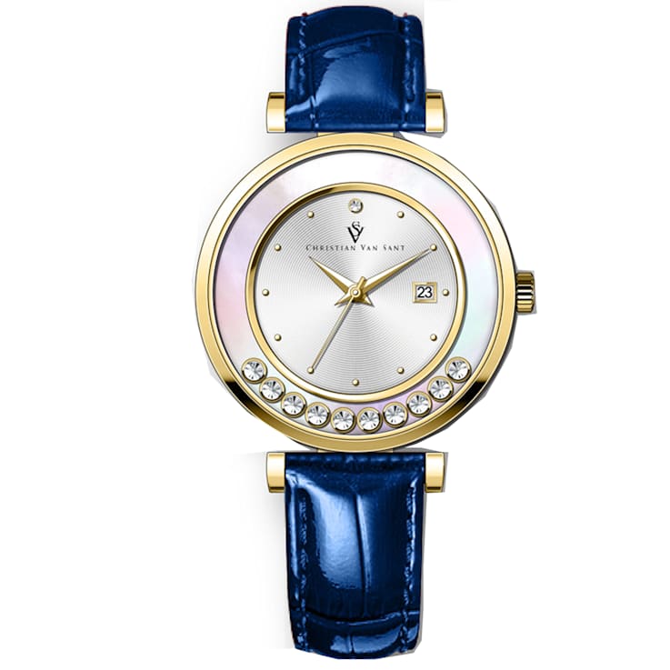 Christian Van Sant Women's Bria White Dial, Blue Leather Strap Watch