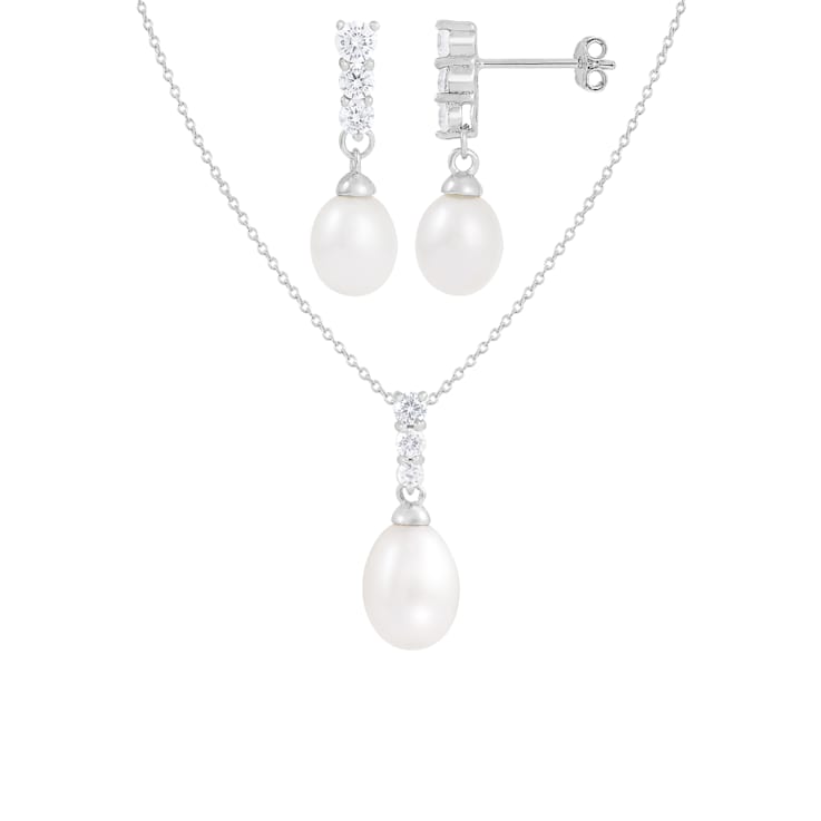 7-8mm Drop White Freshwater Pearl and CZ Rhodium Over Sterling Earring
and Pendant W/Chain Set
