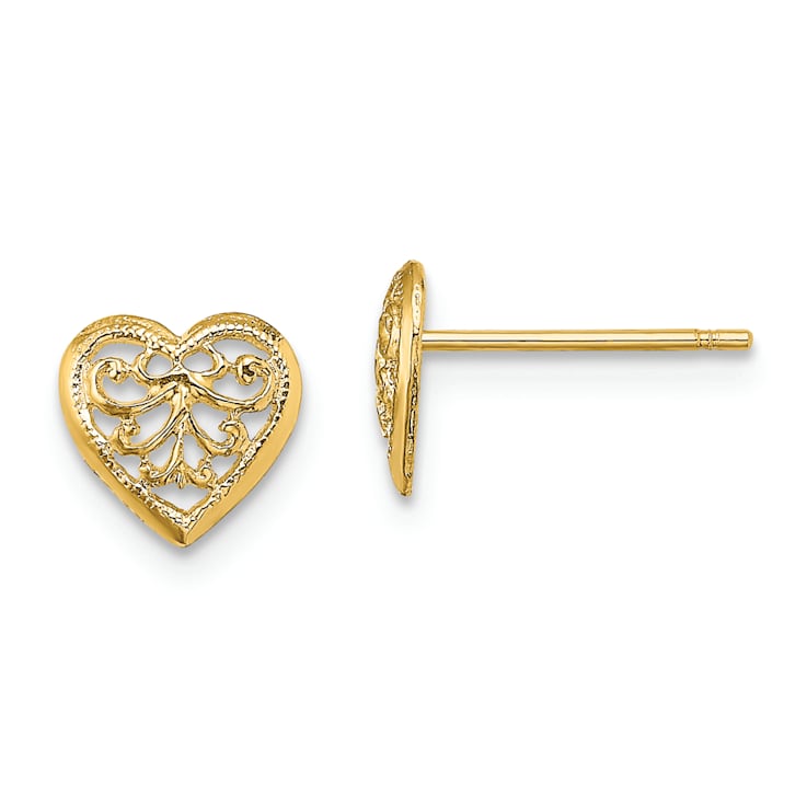 14k Yellow Gold Filigree Heart Stud Earrings