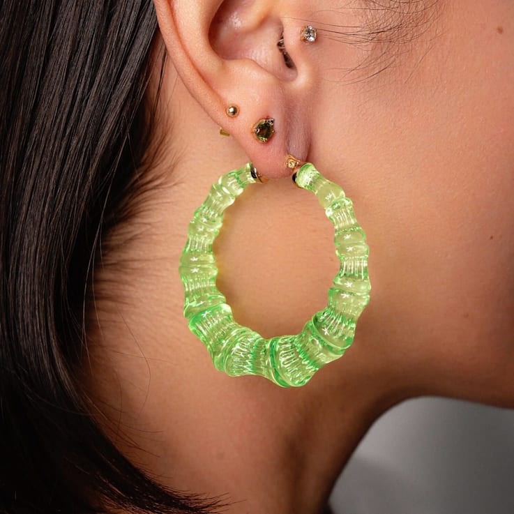 14K Yellow Gold Over Sterling Silver Bamboo Acrylic Hoops in Lime