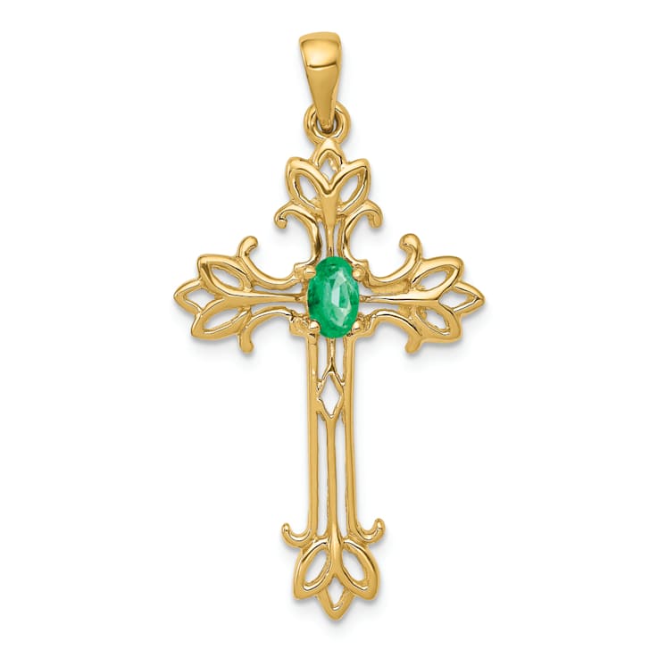 14K Yellow Gold 5x3mm Oval Emerald Cross Pendant