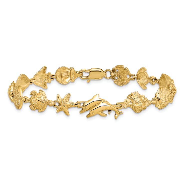 14k Yellow Gold Textured Nautical Combination with Dolphins Link Bracelet