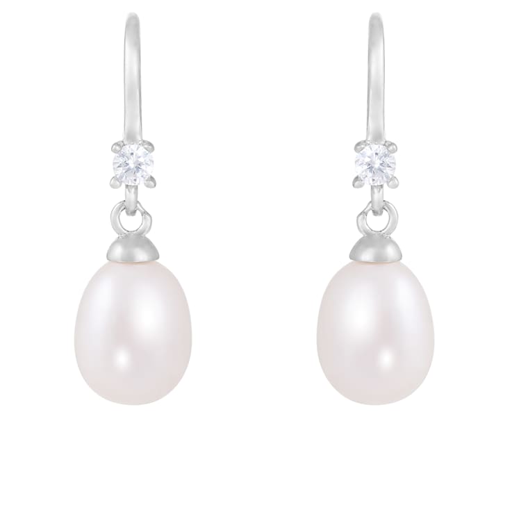 White Cultured Freshwater Pearl and Cubic Zirconia Rhodium Over Sterling
Silver 7-8mm Drop Earrings