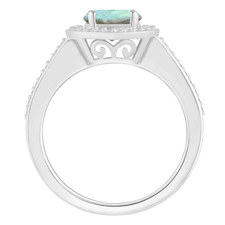 7mm Round Labradorite 1/5 ctw Diamond Rhodium Over Sterling Silver Halo Ring