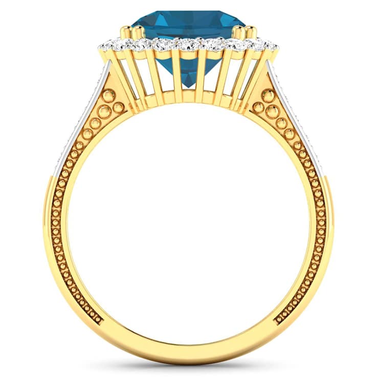 Round London Blue Topaz and Diamond 14K Yellow Gold Halo Ring 3.44 ctw
