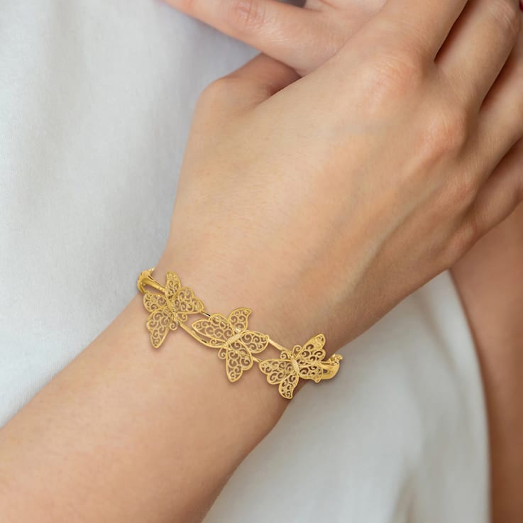 14K Yellow Gold Filigree Butterfly Hinged Bangle Bracelet