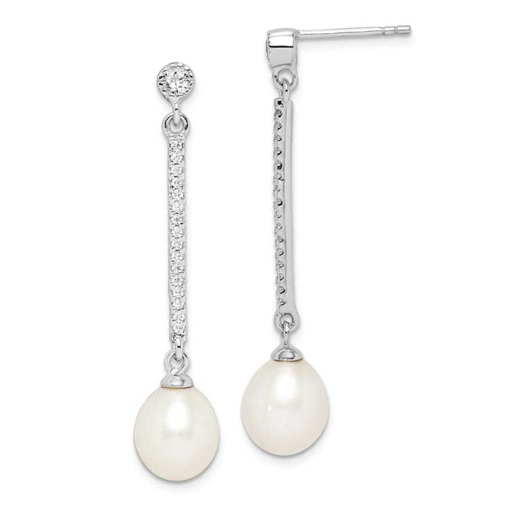 Rhodium Over Sterling Silver 8-9mm White Rice Freshwater Cultured Pearl
CZ Earrings