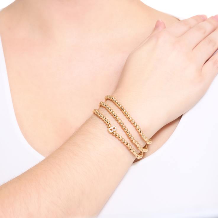 Initial B CZ Beaded Bracelet Set In 14K Gold Over Brass 0.16ctw