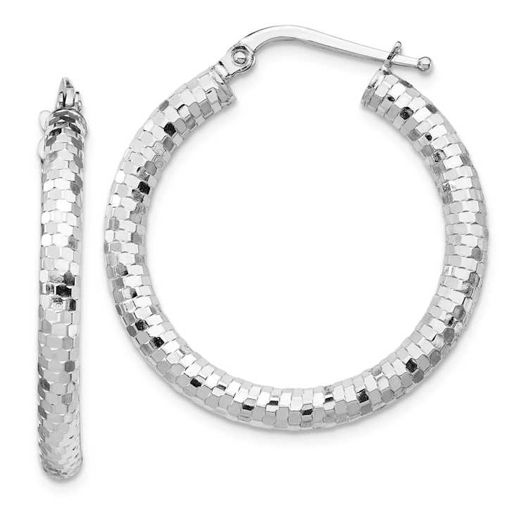 Rhodium Over 14k White Gold Diamond-Cut 1 1/8" Hoop Earrings
