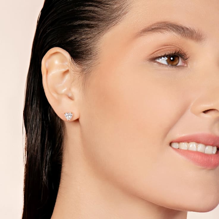White Cubic Zirconia 14k Yellow Gold Heart Studs With Velvet Gift Box 1.50ctw