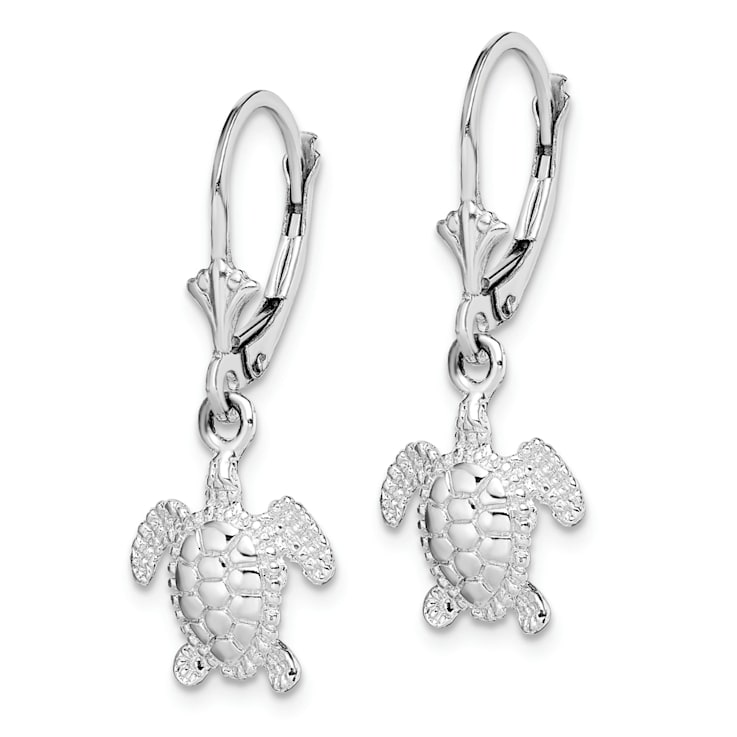 Rhodium Over Sterling Silver Mini Sea Turtle Leverback Earrings