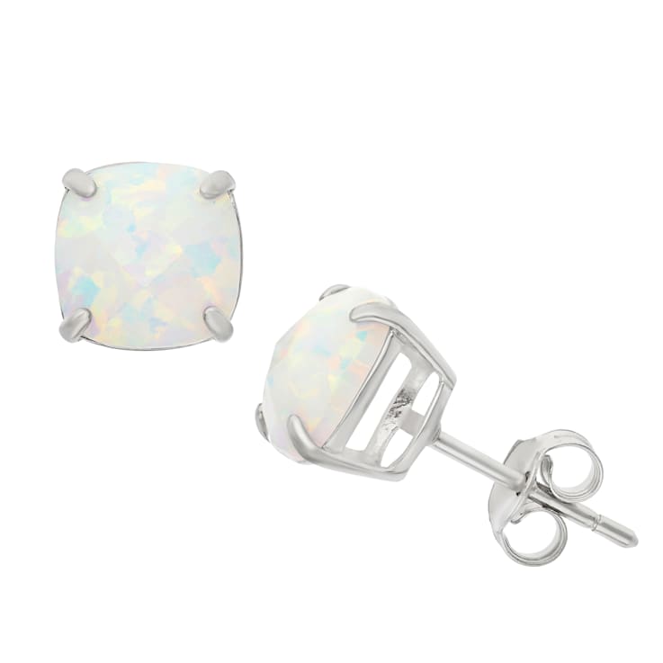Cushion Cut Lab-Created Opal Stud Earrings In Sterling Silver 2.10ctw