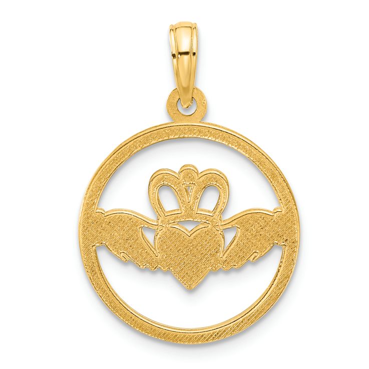 14k Yellow Gold Polished and Textured Circle Claddagh Pendant