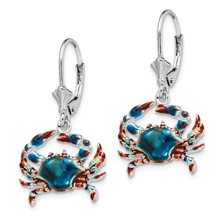 Rhodium Over Sterling Silver Enameled Blue Crab Leverback Earrings