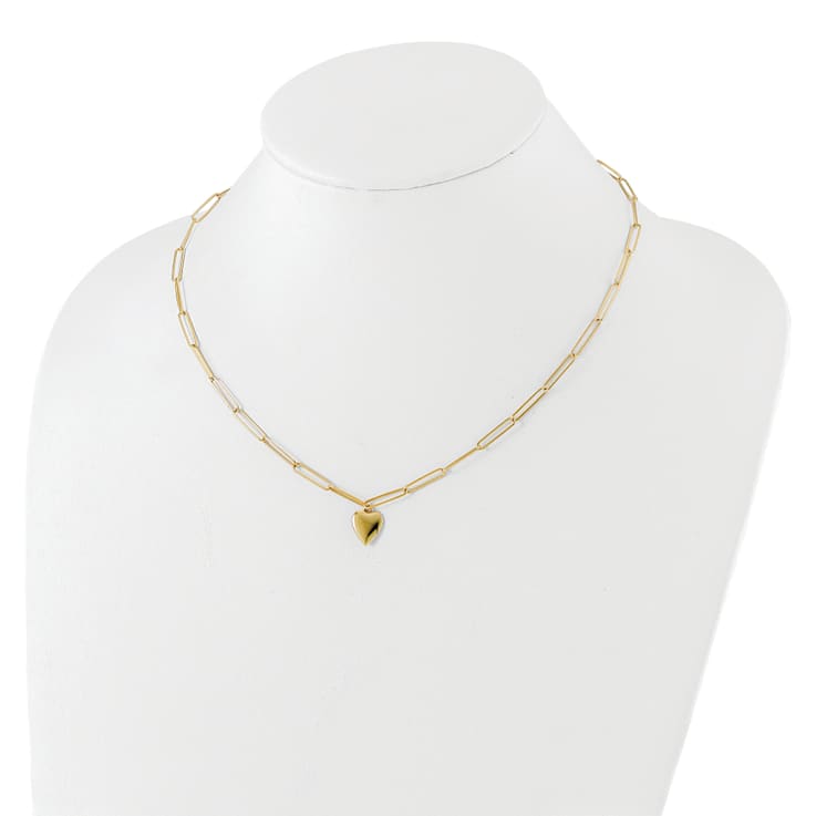 14K Yellow Gold Polished Heart Paperclip Link Necklace