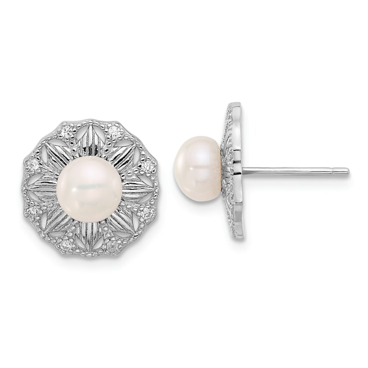 Rhodium Over Sterling Silver Textured 5-6mm Freshwater Cultured Pearl
Flower Post Earrings