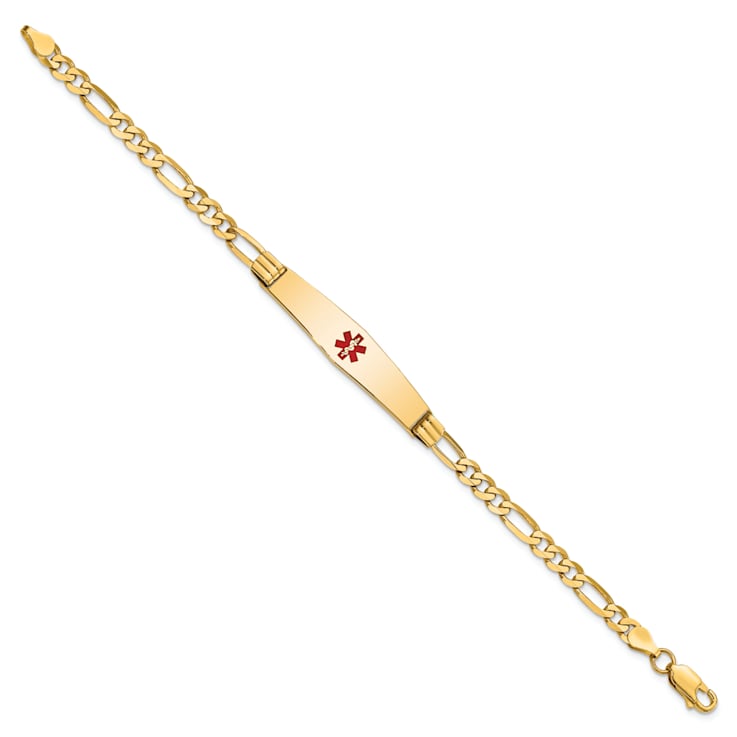 14k Yellow Gold Medical Soft Diamond Shape Red Enamel Figaro Link ID Bracelet