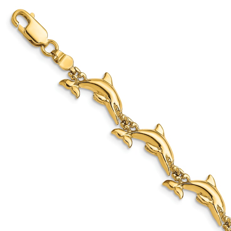 14k Yellow Gold Polished 3D Reversible Dolphin Bracelet