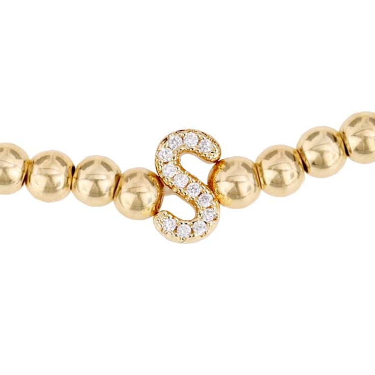 Initial S CZ Beaded Bracelet Set In 14K Gold Over Brass 0.13ctw